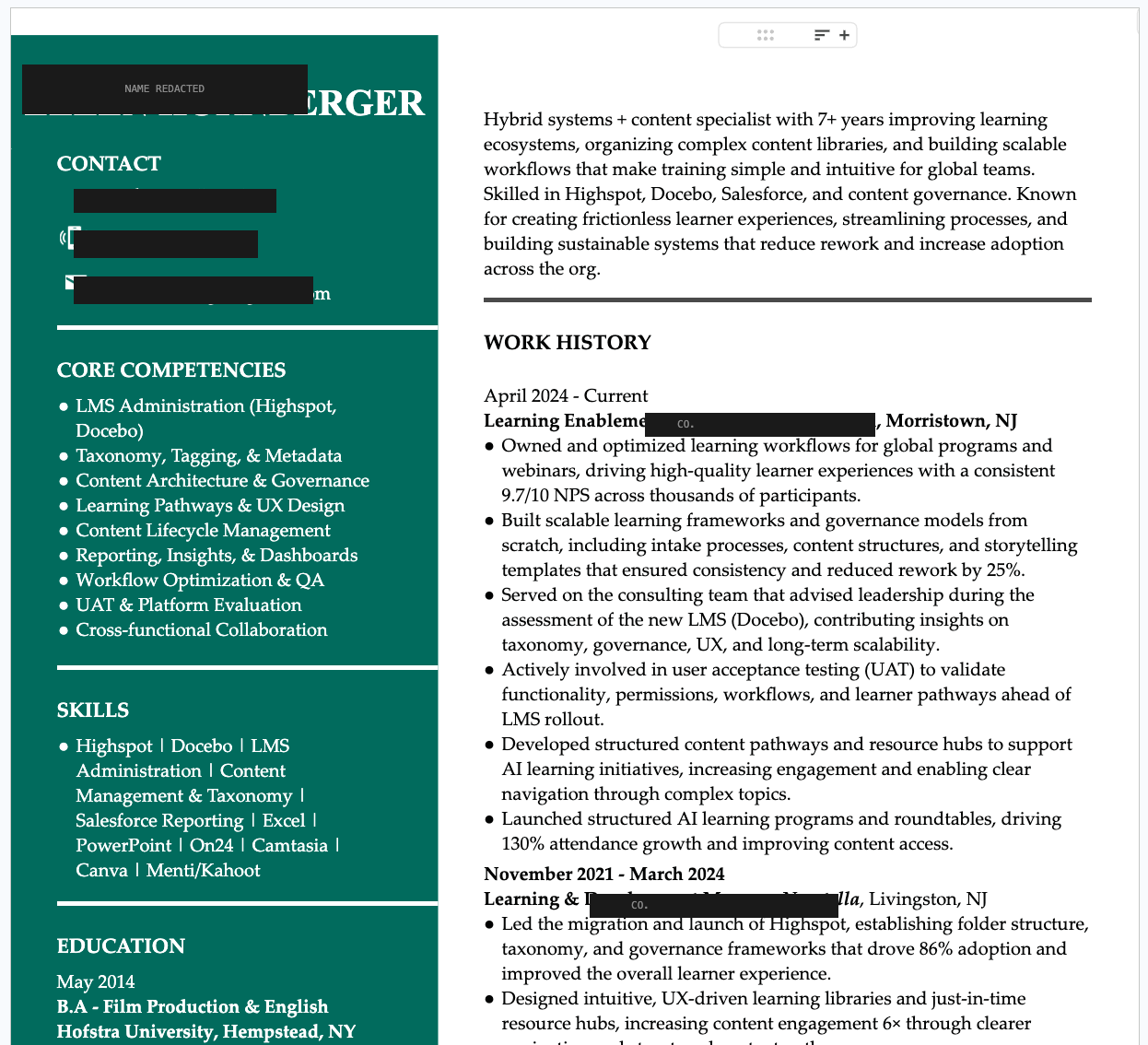 Redacted learning and content operations resume sample