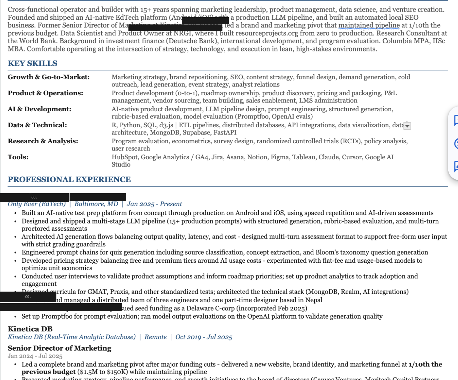 Redacted founder product and marketing resume sample