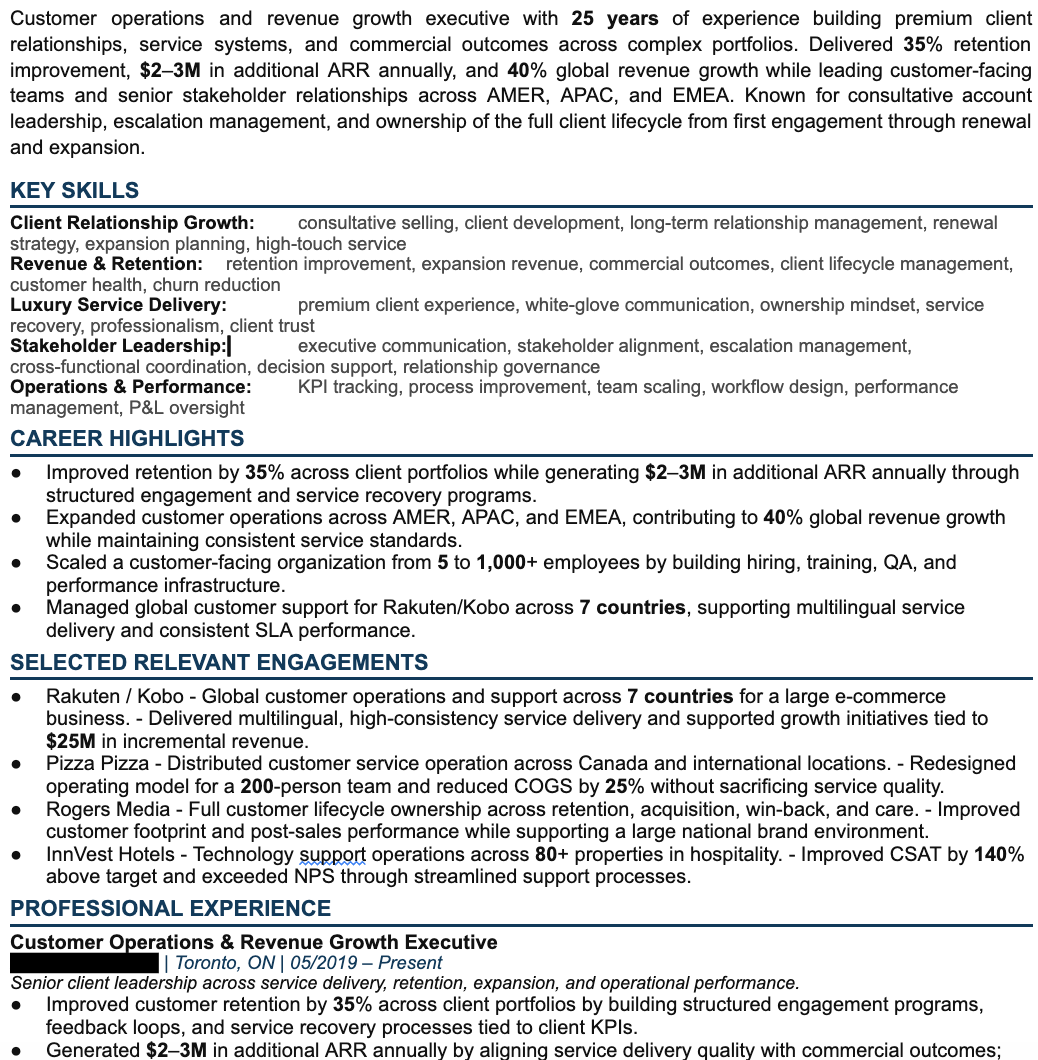 Redacted customer operations executive resume sample