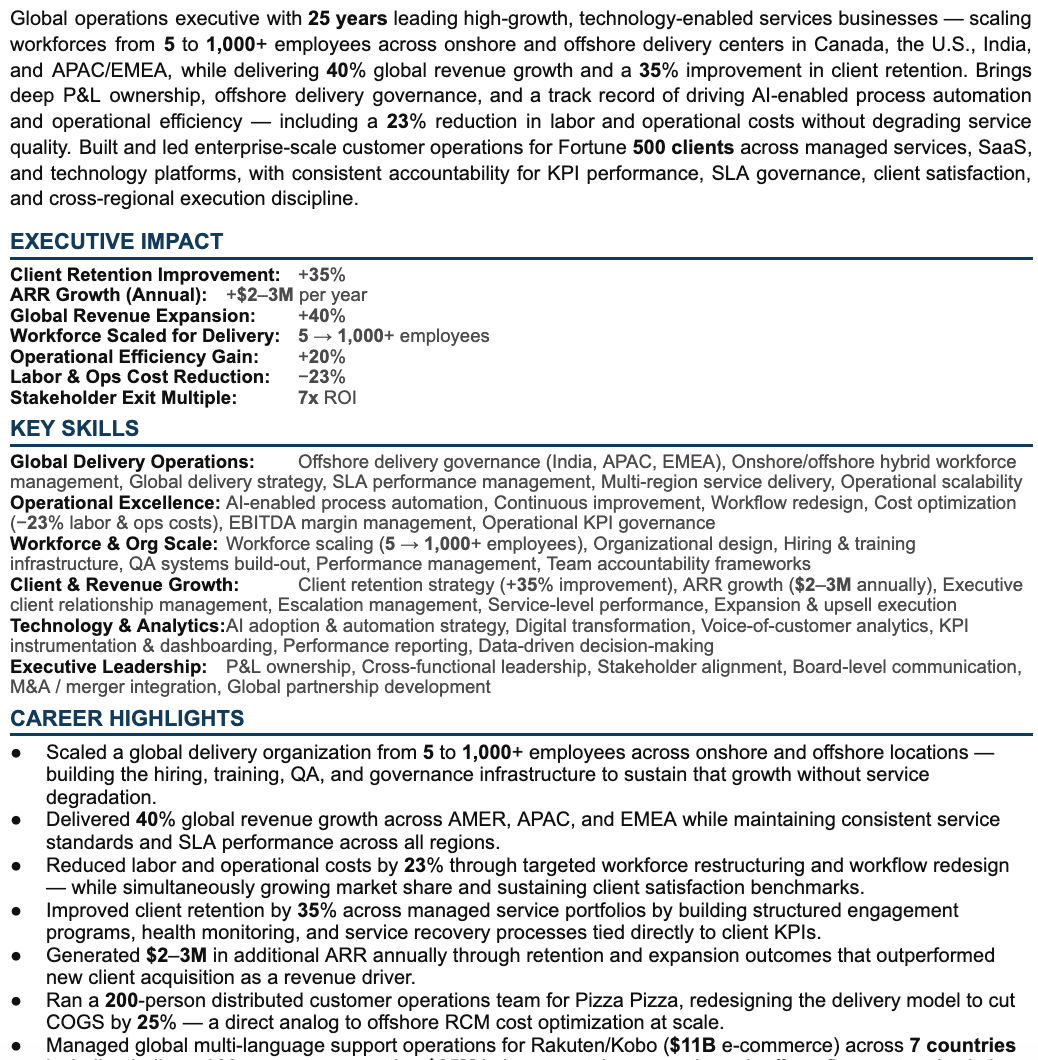 Redacted global operations executive resume sample