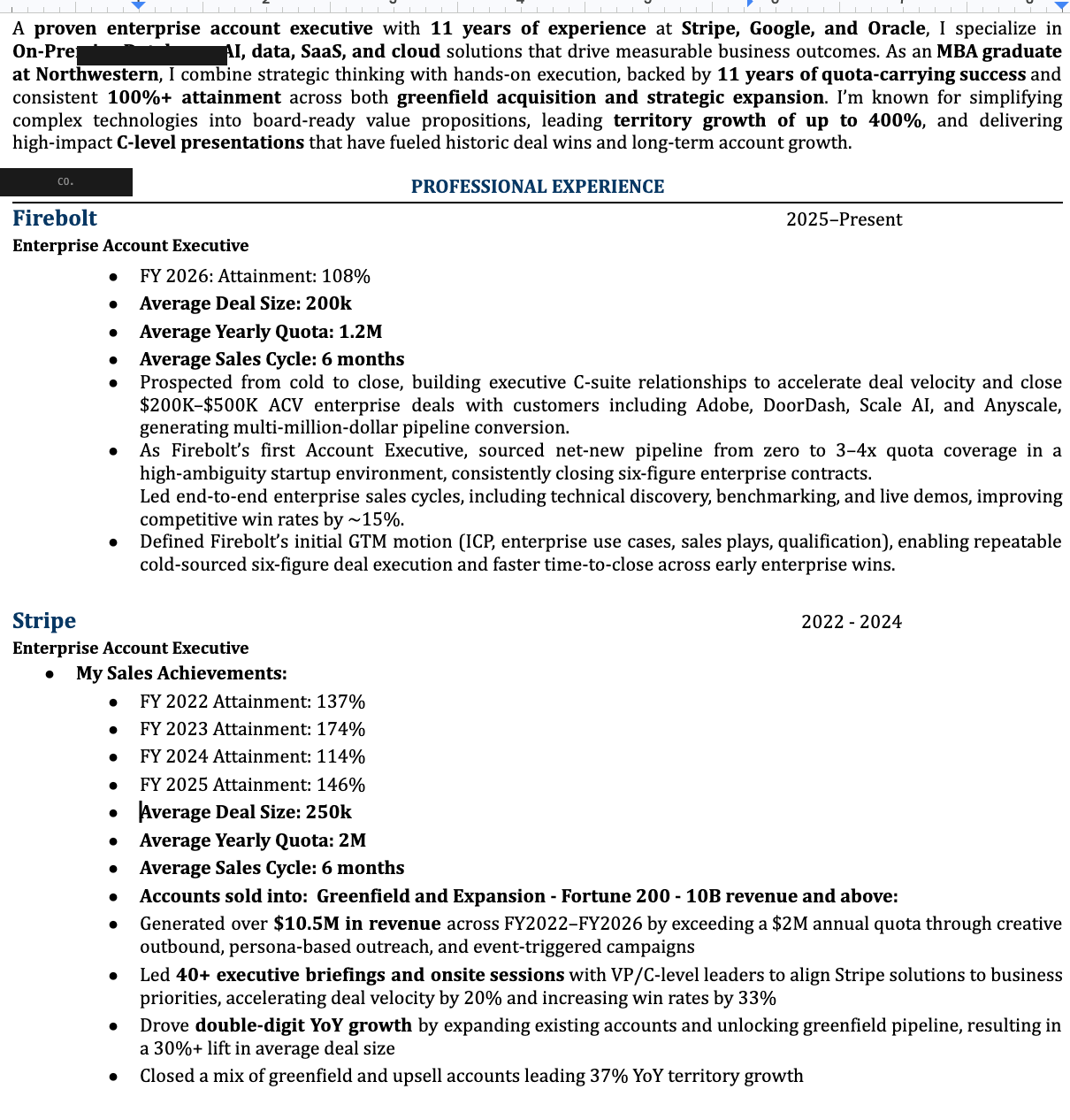 Redacted enterprise account executive resume sample