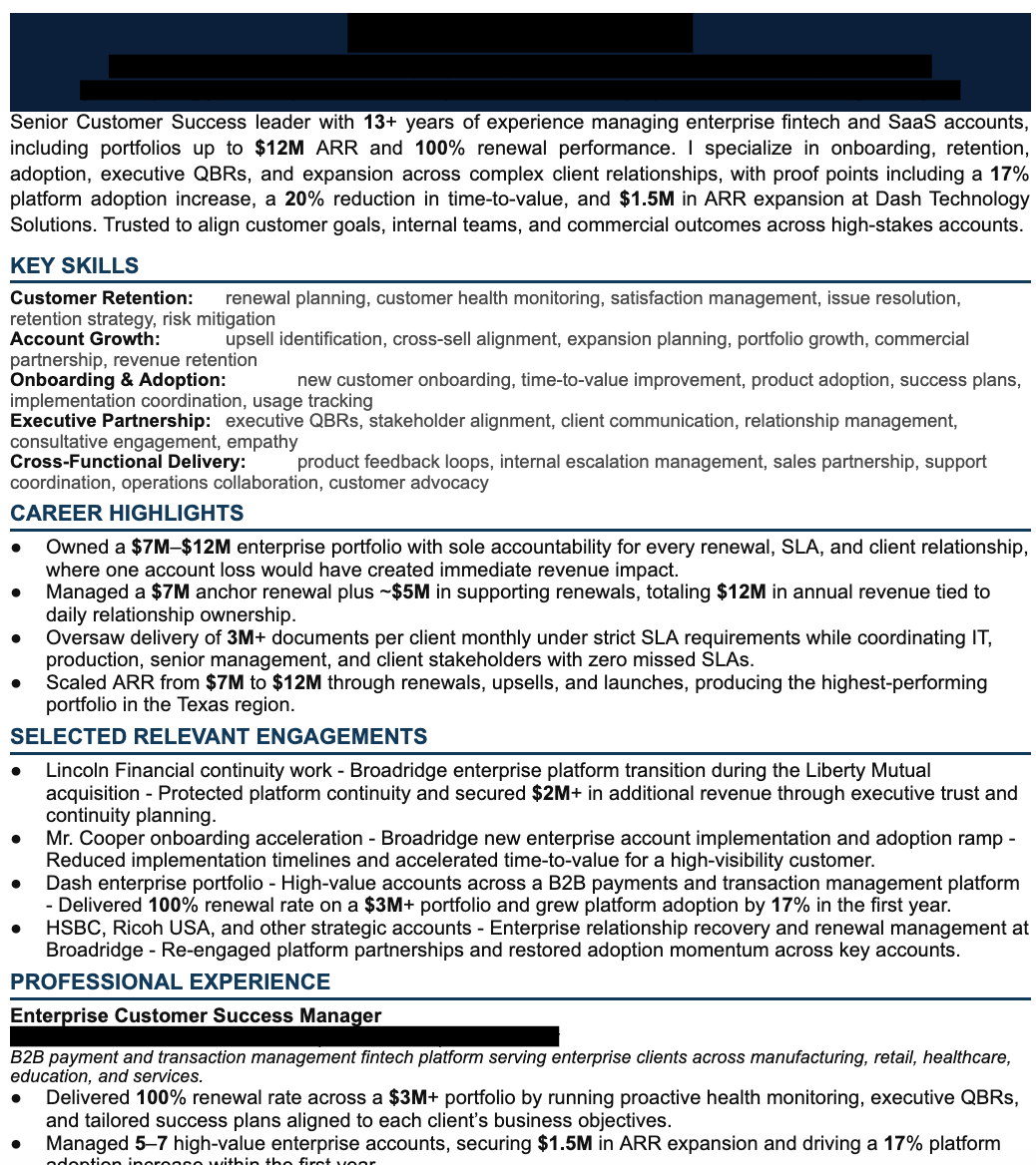 Redacted enterprise customer success leader resume sample