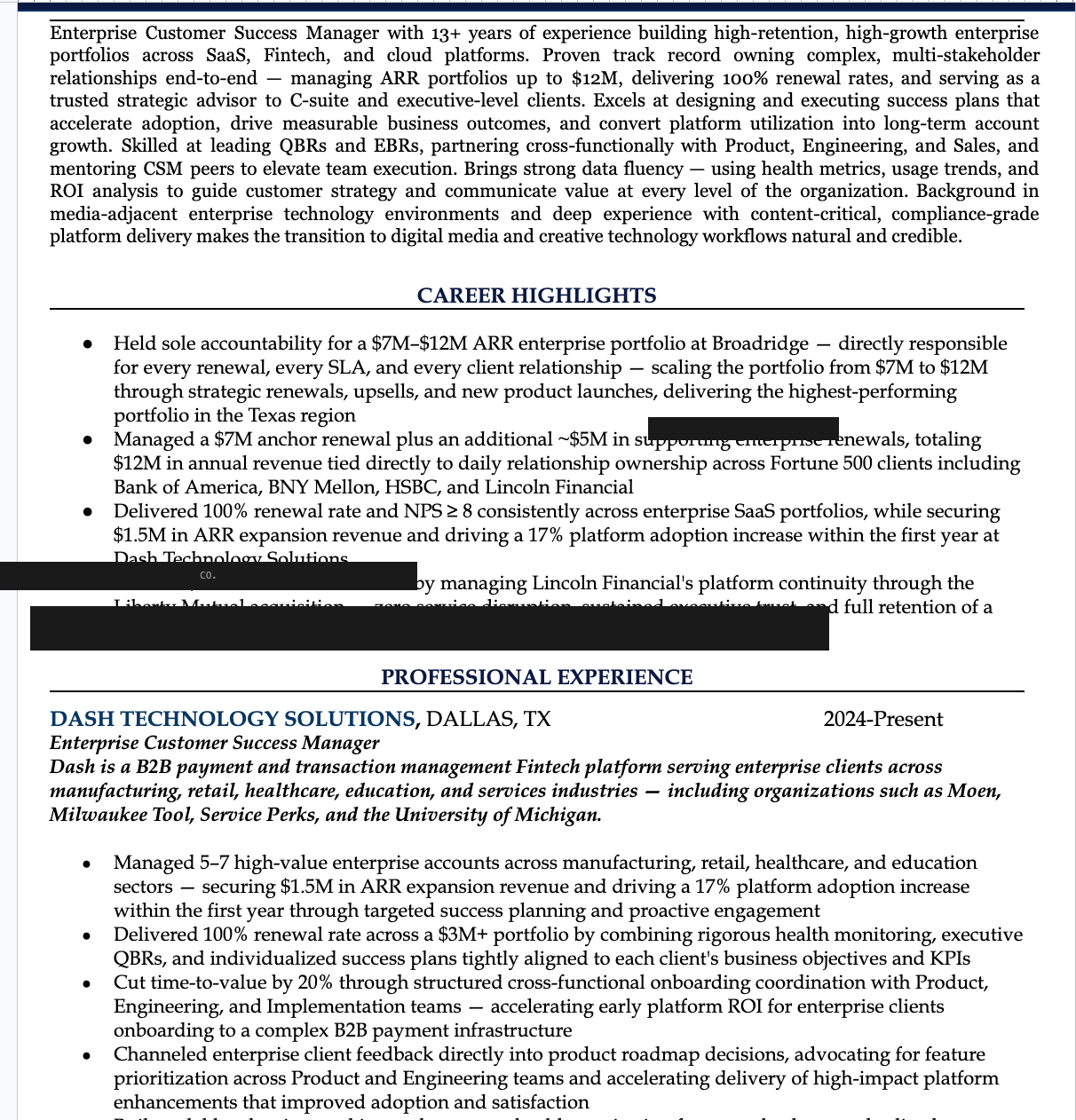 Redacted enterprise customer success resume sample