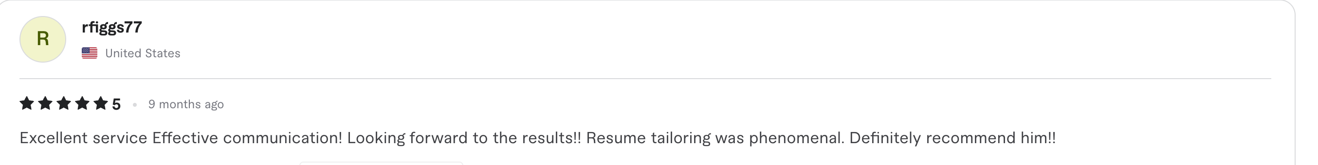 Fiverr review screenshot for confidential CXO testimonial