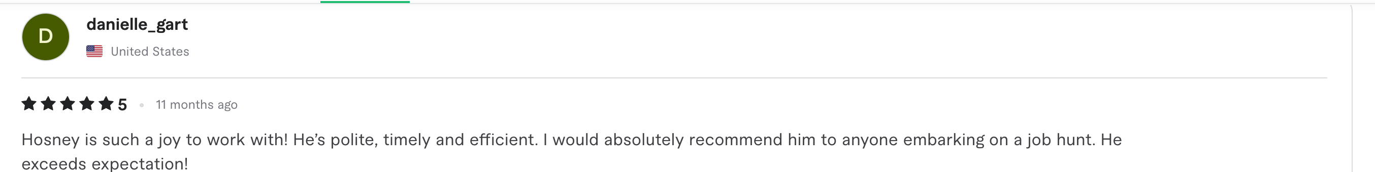 Fiverr review screenshot for Head of Product testimonial