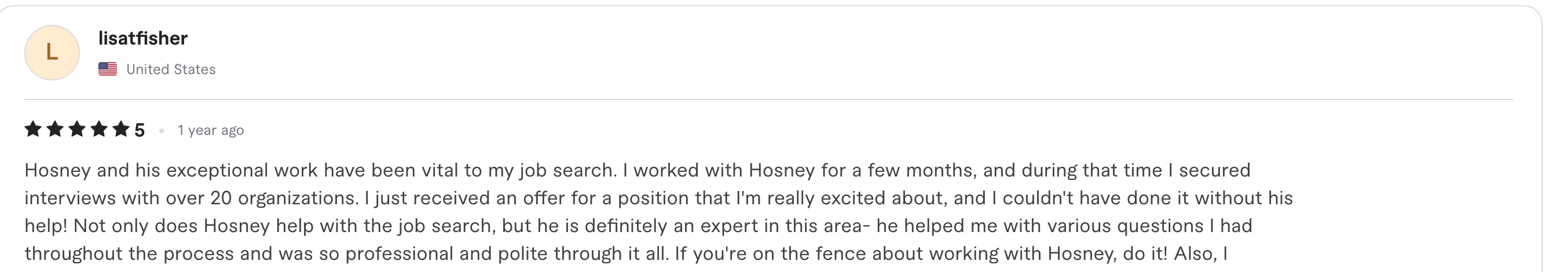 Fiverr review screenshot for Senior CS Leader testimonial